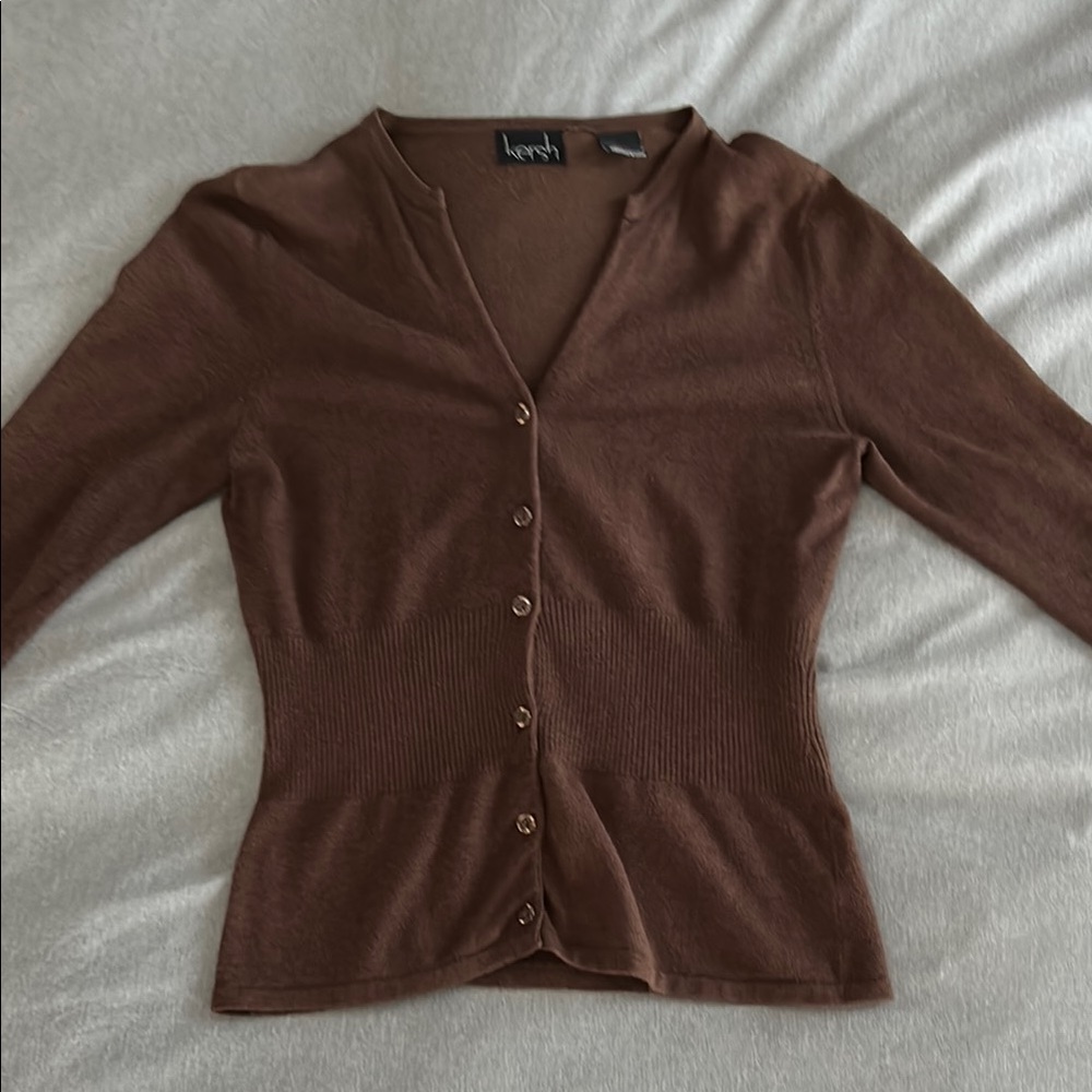 Kersh Brown V-Neck Button-Up Sweater, 3/4 sleeves, medium